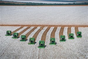 Moissonneuses alignées dans champs