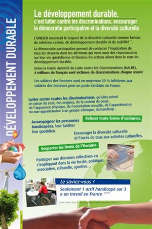 Affiche développement durable lutte contre discriminations, démocratie participative diversité culturelle